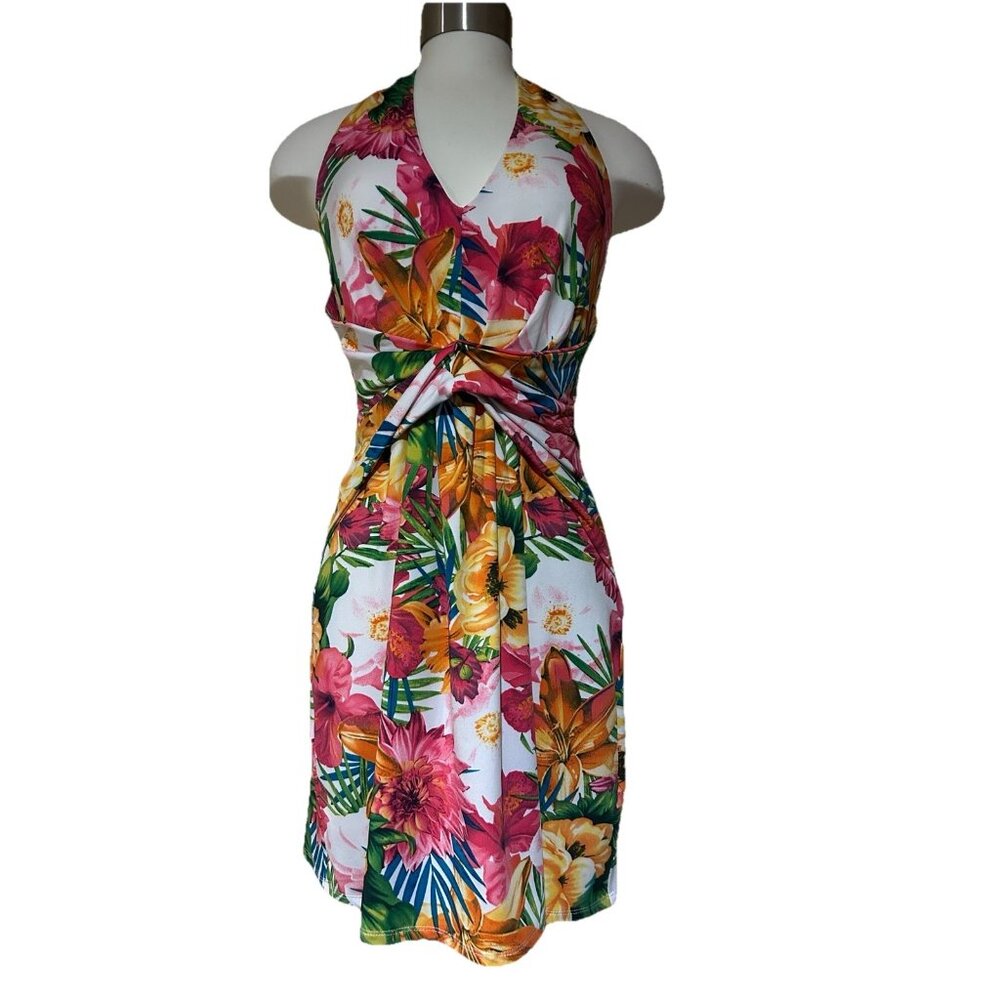 Tropical Floral Halter Dress With Twist Front & Open Back Design